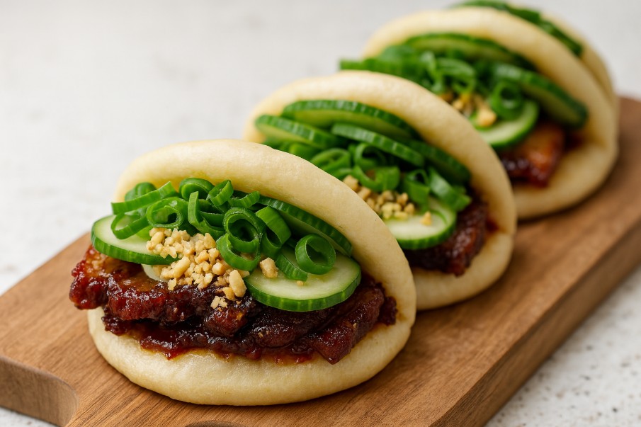 Mjuka ångade bao buns på bambubricka med hoisinkyckling